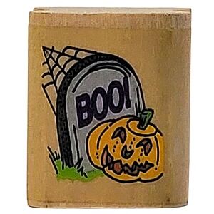 VTG 90s Noteworthy Halloween Jack O Lantern Tombstone Rubber Stamp 1" Wood Mount